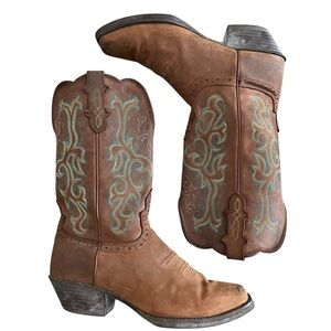 Justin Boots Brown Western Boots with Blue Embroidery